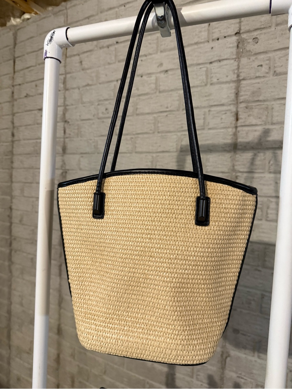 Woven Straw Tote Bag with Black Trim